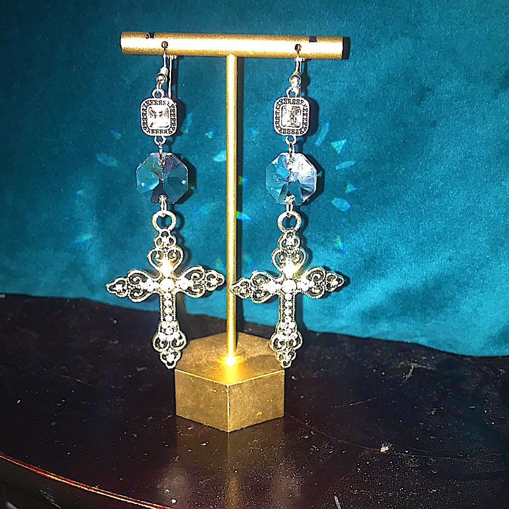 love, Savvy Silver Crystal and Rhinestone Cross Earrings Handcrafted
